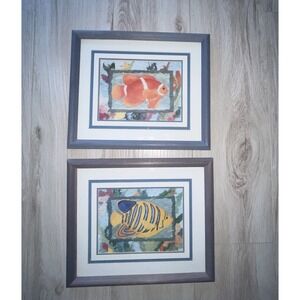 2 Vintage Tropical Clown Fish Painting Framed By Linn Done Nautical Hanging Wall